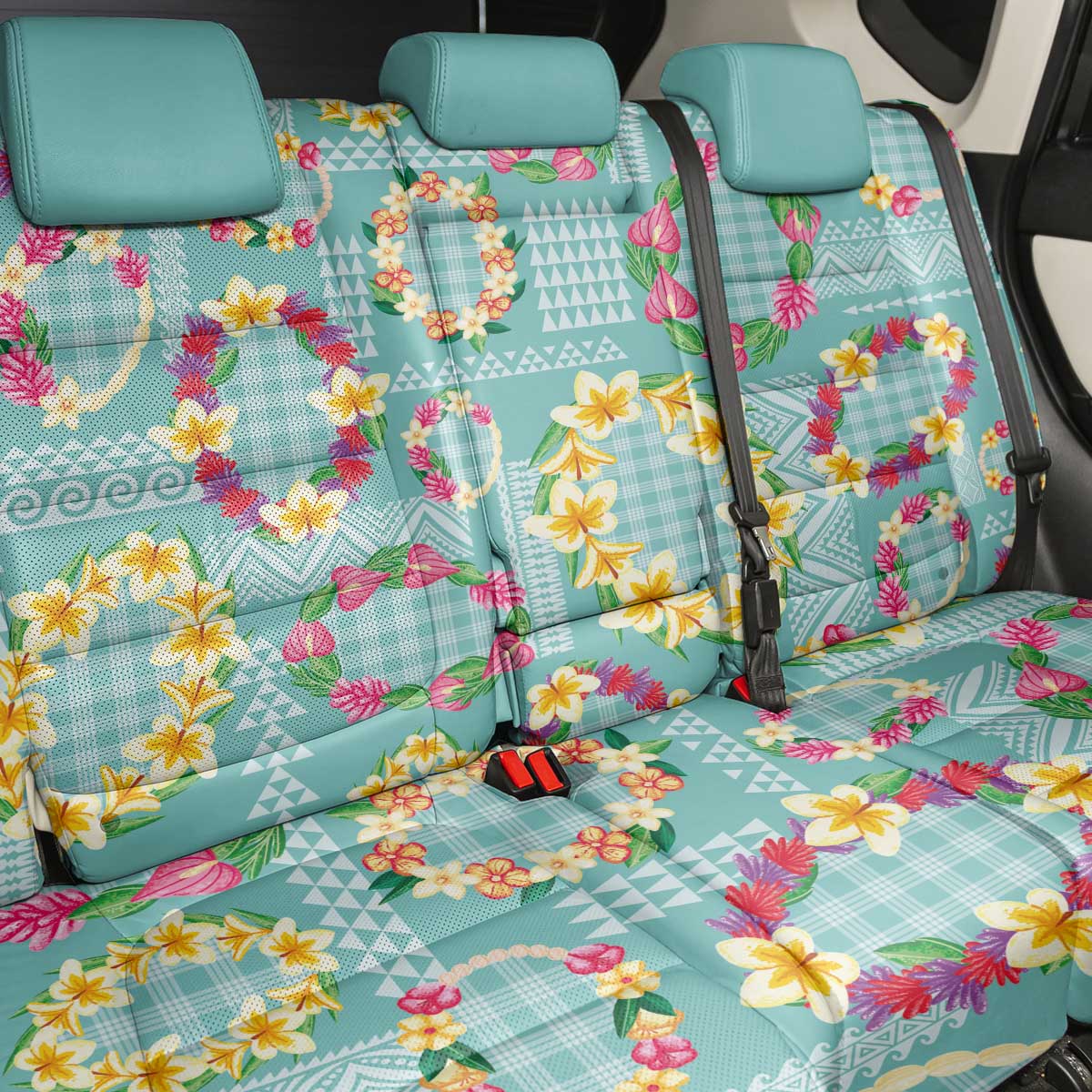 Hawaiian Leis Back Car Seat Cover Kakau Tattoos and Palaka Pastel Teal Color LT03 - Polynesian Pride