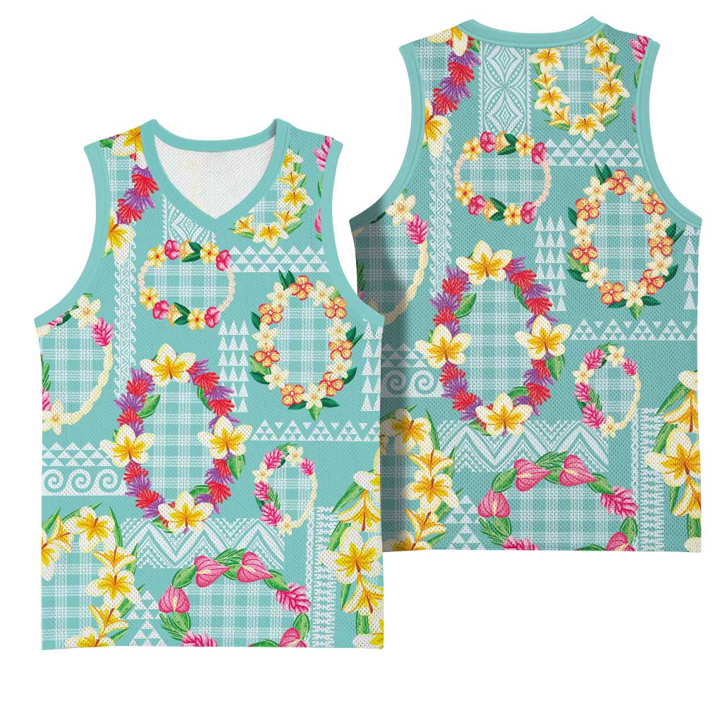 Hawaiian Leis Basketball Jersey Kakau Tattoos and Palaka Pastel Teal Color