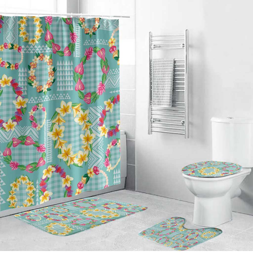 Hawaiian Leis Bathroom Set Kakau Tattoos and Palaka Pastel Teal Color