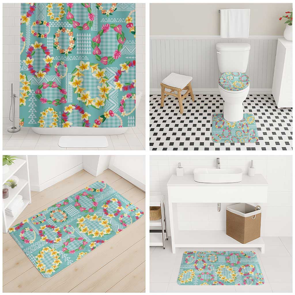 Hawaiian Leis Bathroom Set Kakau Tattoos and Palaka Pastel Teal Color