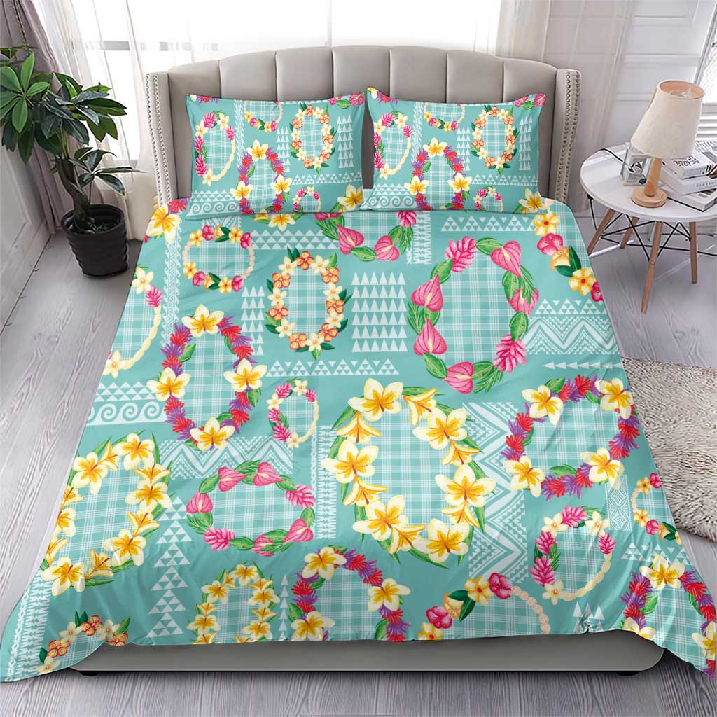 Hawaiian Leis Bedding Set Kakau Tattoos and Palaka Pastel Teal Color