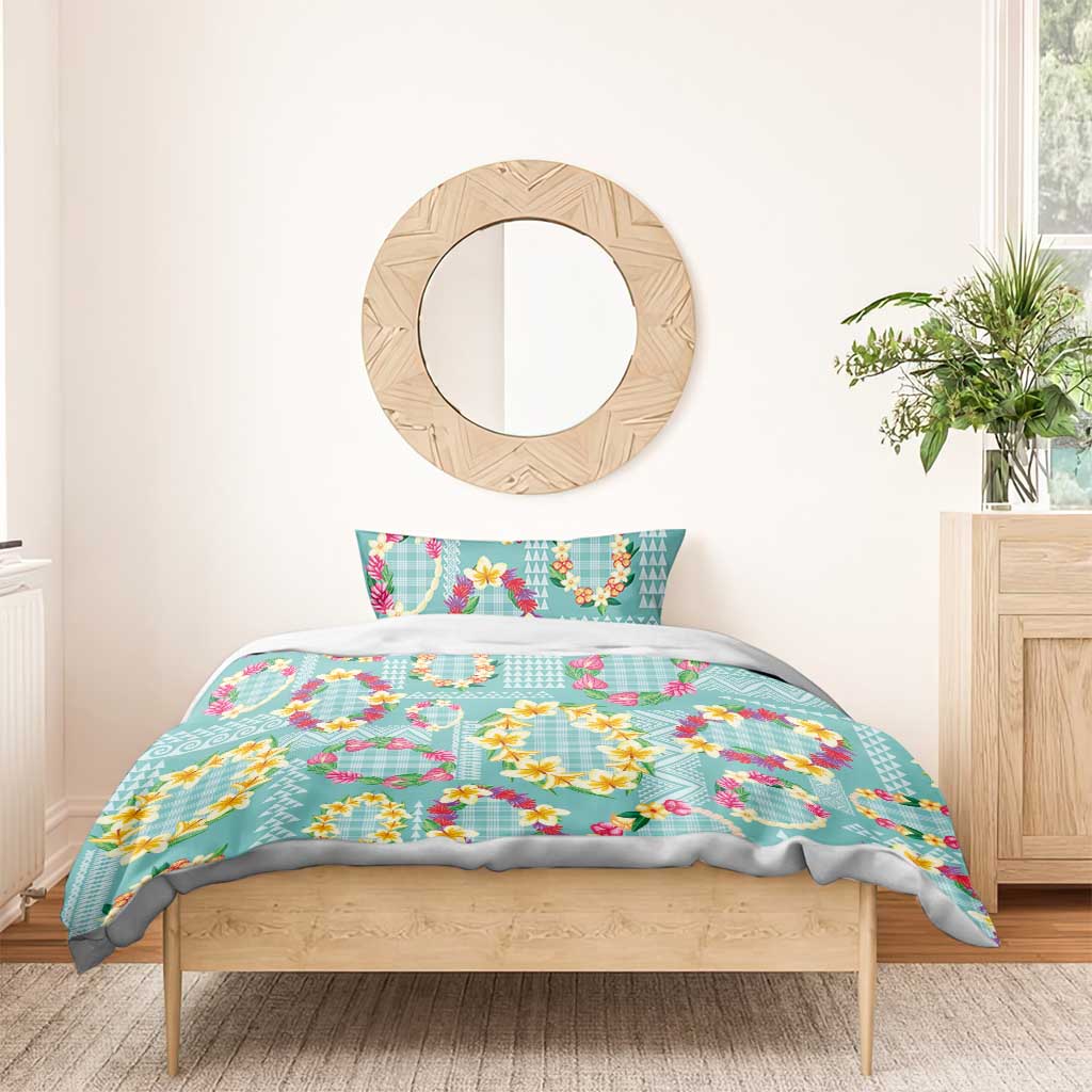 Hawaiian Leis Bedding Set Kakau Tattoos and Palaka Pastel Teal Color
