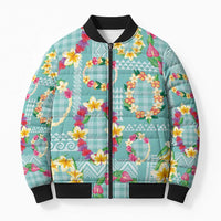 Hawaiian Leis Bomber Puffer Jacket Kakau Tattoos and Palaka Pastel Teal Color