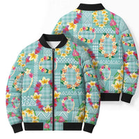 Hawaiian Leis Bomber Puffer Jacket Kakau Tattoos and Palaka Pastel Teal Color