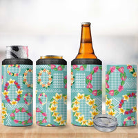 Hawaiian Leis 4 in 1 Can Cooler Tumbler Kakau Tattoos and Palaka Pastel Teal Color LT03 - Polynesian Pride
