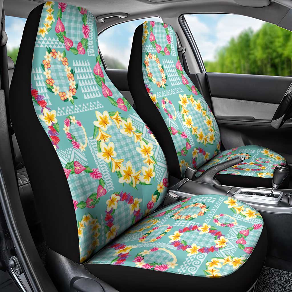 Hawaiian Leis Car Seat Cover Kakau Tattoos and Palaka Pastel Teal Color