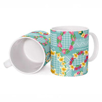Hawaiian Leis Ceramic Mug Kakau Tattoos and Palaka Pastel Teal Color