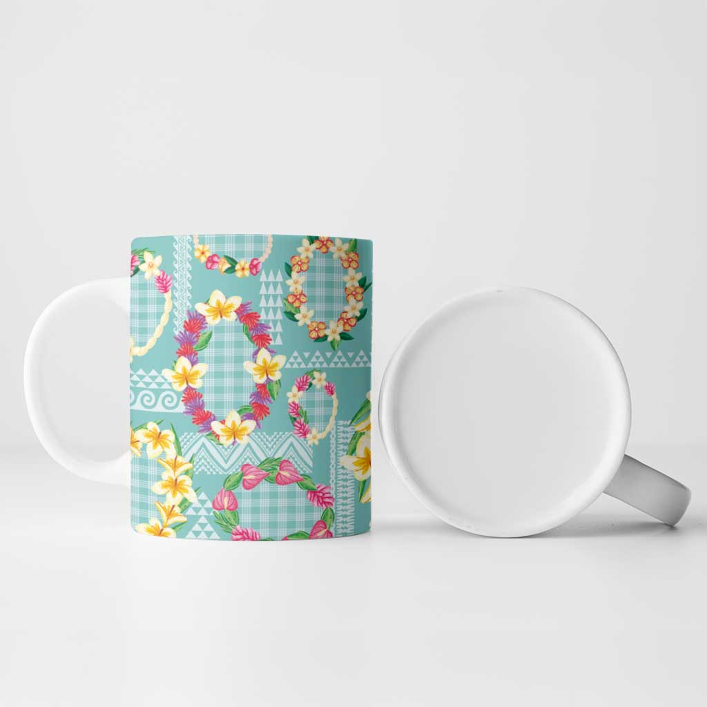 Hawaiian Leis Ceramic Mug Kakau Tattoos and Palaka Pastel Teal Color