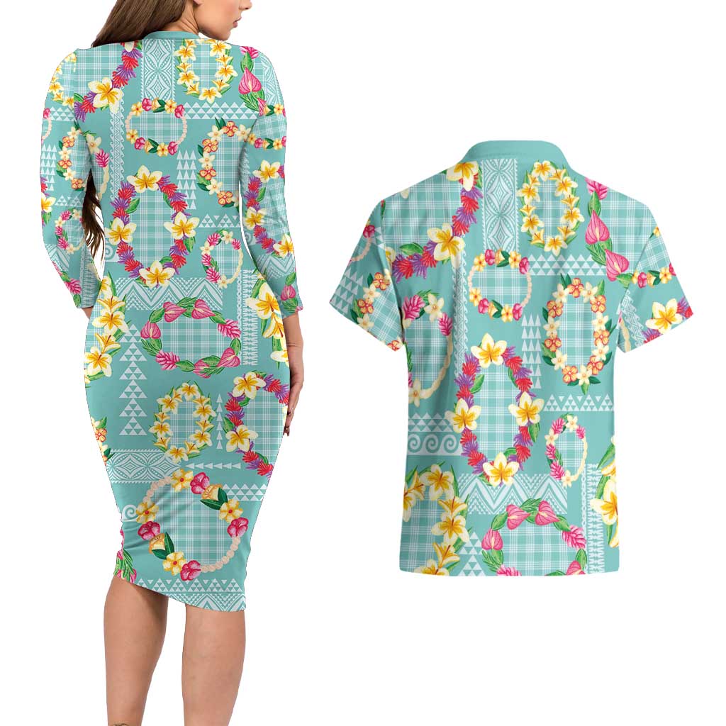 Hawaiian Leis Couples Matching Long Sleeve Bodycon Dress and Hawaiian Shirt Kakau Tattoos and Palaka Pastel Teal Color LT03 - Polynesian Pride