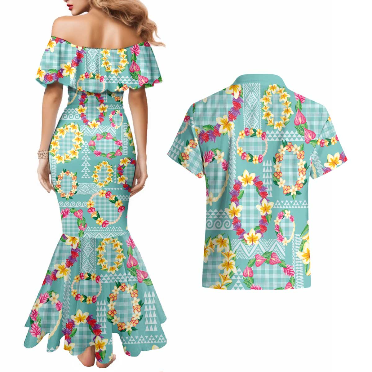 Hawaiian Leis Couples Matching Mermaid Dress and Hawaiian Shirt Kakau Tattoos and Palaka Pastel Teal Color LT03 - Polynesian Pride