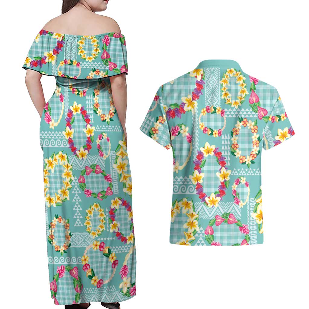 Hawaiian Leis Couples Matching Off Shoulder Maxi Dress and Hawaiian Shirt Kakau Tattoos and Palaka Pastel Teal Color LT03 - Polynesian Pride