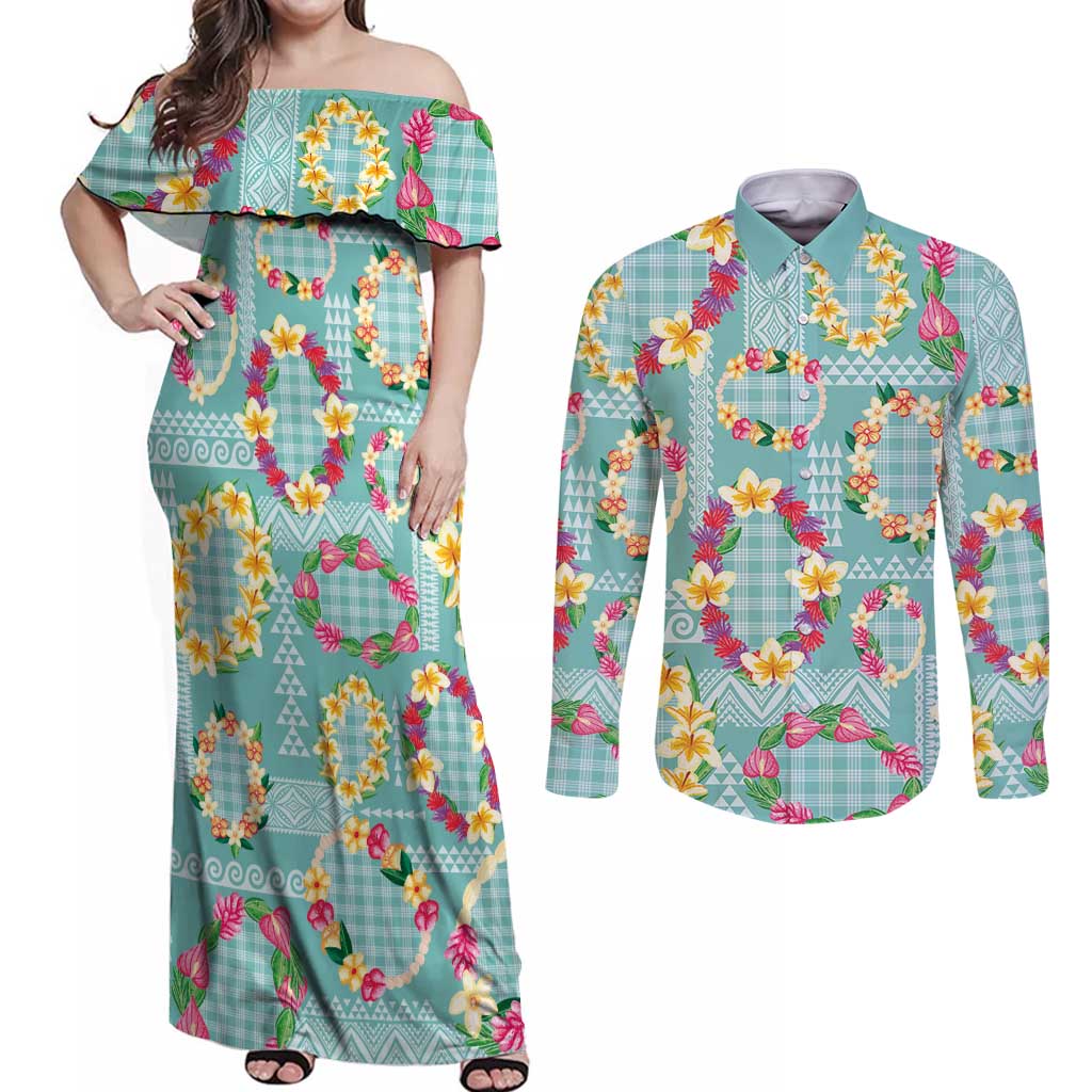 Hawaiian Leis Couples Matching Off Shoulder Maxi Dress and Long Sleeve Button Shirt Kakau Tattoos and Palaka Pastel Teal Color LT03 Teal - Polynesian Pride