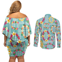 Hawaiian Leis Couples Matching Off Shoulder Short Dress and Long Sleeve Button Shirt Kakau Tattoos and Palaka Pastel Teal Color LT03 - Polynesian Pride