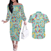 Hawaiian Leis Couples Matching Off The Shoulder Long Sleeve Dress and Hawaiian Shirt Kakau Tattoos and Palaka Pastel Teal Color LT03 Teal - Polynesian Pride