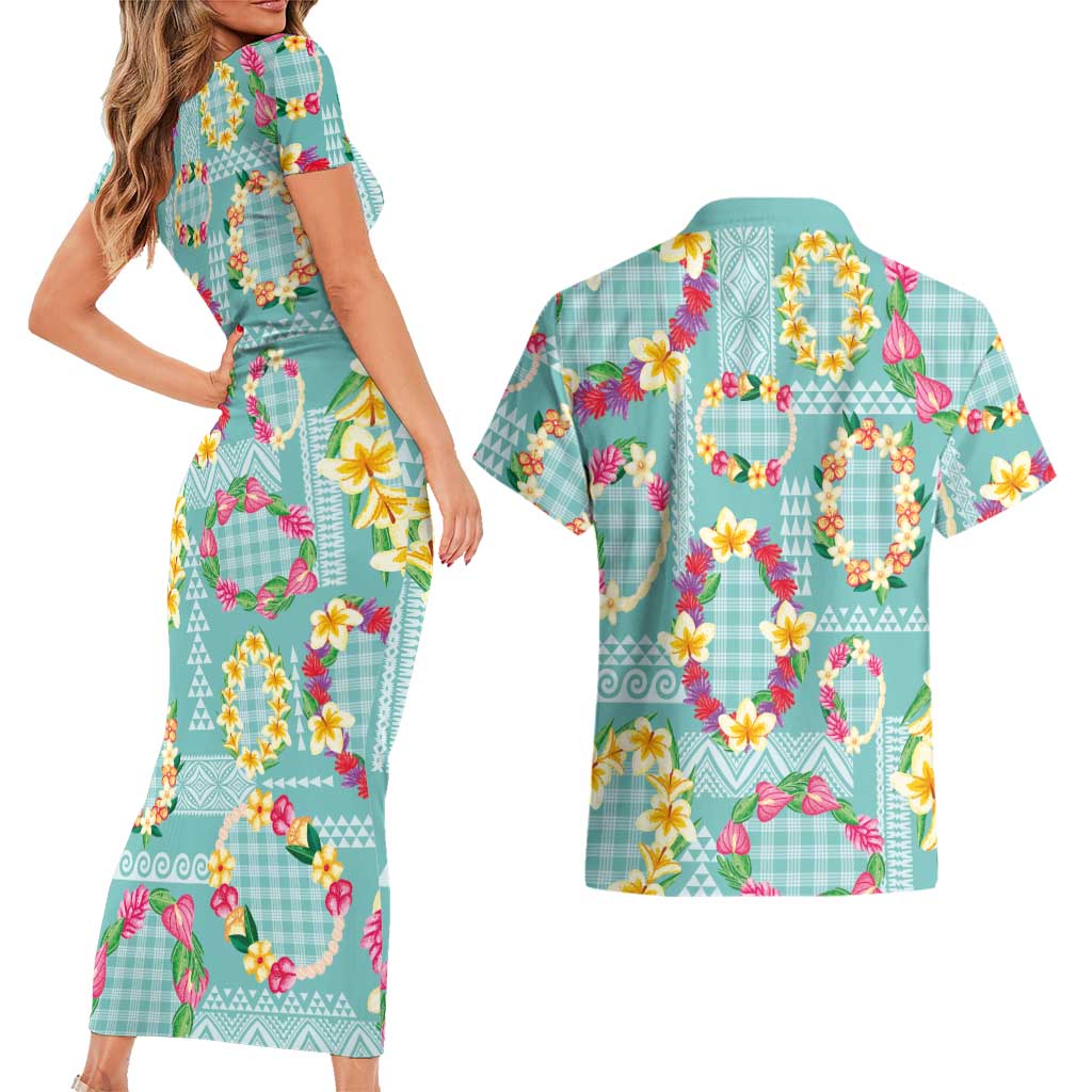Hawaiian Leis Couples Matching Short Sleeve Bodycon Dress and Hawaiian Shirt Kakau Tattoos and Palaka Pastel Teal Color LT03 - Polynesian Pride