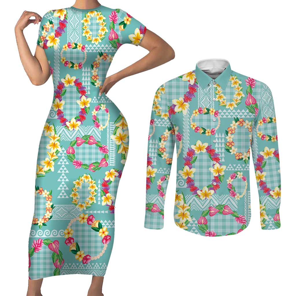 Hawaiian Leis Couples Matching Short Sleeve Bodycon Dress and Long Sleeve Button Shirt Kakau Tattoos and Palaka Pastel Teal Color