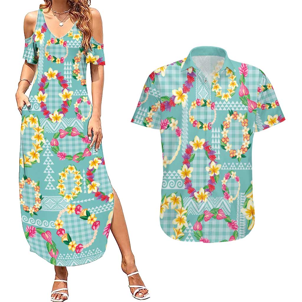 Hawaiian Leis Couples Matching Summer Maxi Dress and Hawaiian Shirt Kakau Tattoos and Palaka Pastel Teal Color LT03 Teal - Polynesian Pride
