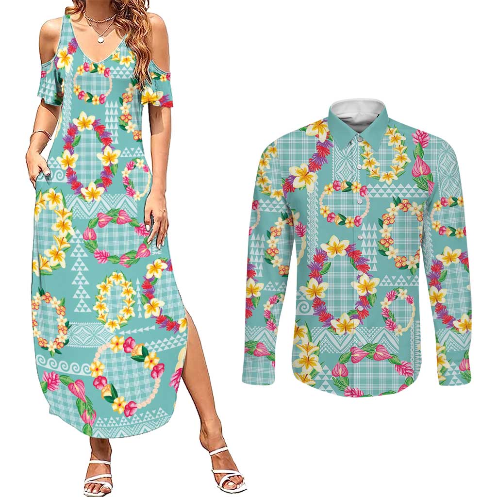 Hawaiian Leis Couples Matching Summer Maxi Dress and Long Sleeve Button Shirt Kakau Tattoos and Palaka Pastel Teal Color LT03 Teal - Polynesian Pride