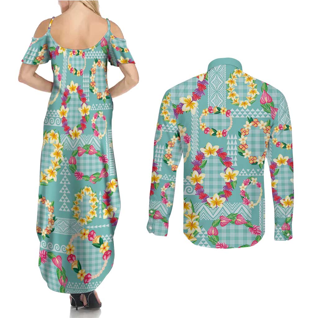 Hawaiian Leis Couples Matching Summer Maxi Dress and Long Sleeve Button Shirt Kakau Tattoos and Palaka Pastel Teal Color LT03 - Polynesian Pride