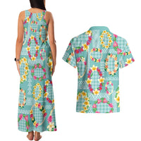 Hawaiian Leis Couples Matching Tank Maxi Dress and Hawaiian Shirt Kakau Tattoos and Palaka Pastel Teal Color LT03 - Polynesian Pride