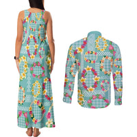 Hawaiian Leis Couples Matching Tank Maxi Dress and Long Sleeve Button Shirt Kakau Tattoos and Palaka Pastel Teal Color LT03 - Polynesian Pride