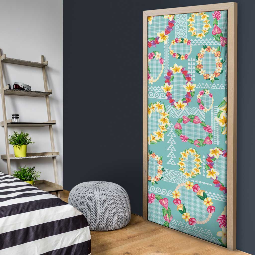 Hawaiian Leis Door Cover Kakau Tattoos and Palaka Pastel Teal Color