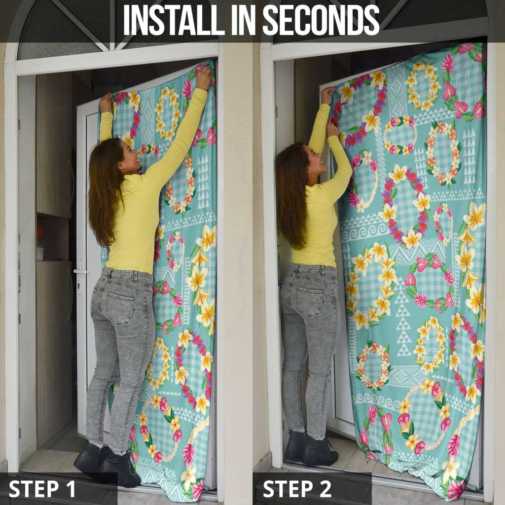 Hawaiian Leis Door Cover Kakau Tattoos and Palaka Pastel Teal Color