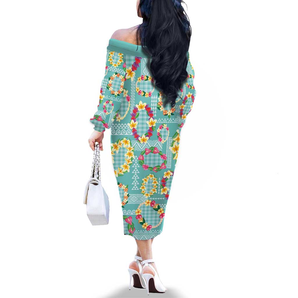 Hawaiian Leis Family Matching Off The Shoulder Long Sleeve Dress and Hawaiian Shirt Kakau Tattoos and Palaka Pastel Teal Color LT03 - Polynesian Pride