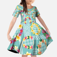Hawaiian Leis Family Matching Off Shoulder Maxi Dress and Hawaiian Shirt Kakau Tattoos and Palaka Pastel Teal Color LT03 Daughter's Dress Teal - Polynesian Pride