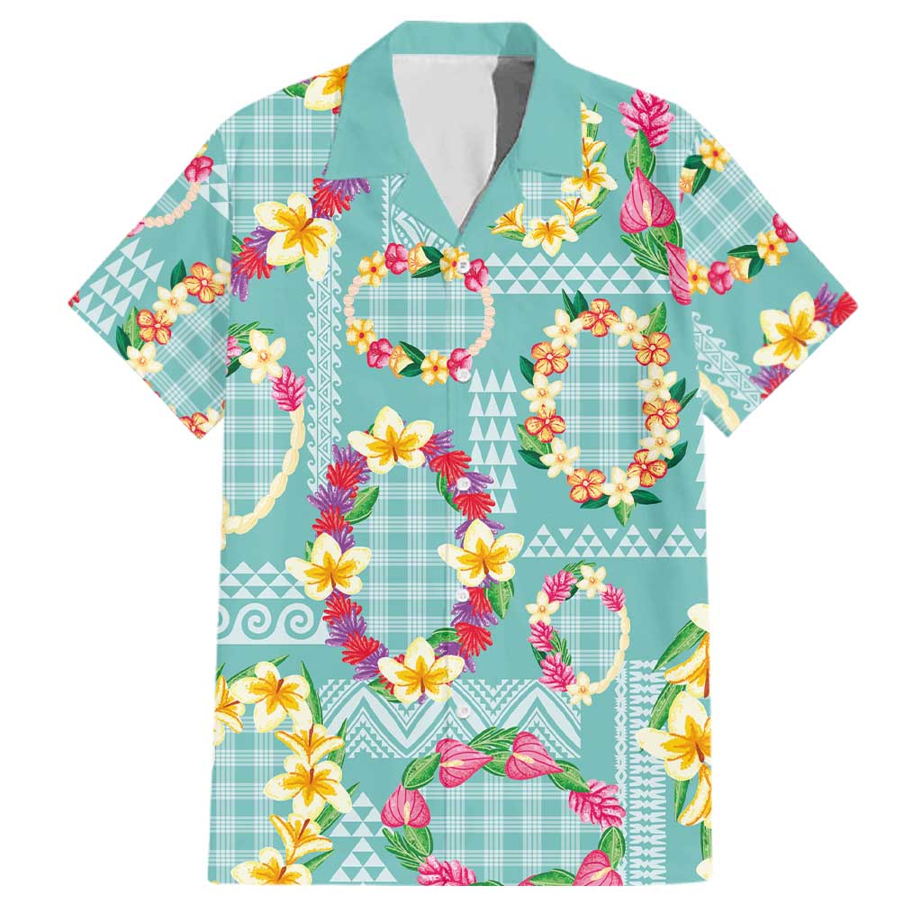 Hawaiian Leis Family Matching Off Shoulder Maxi Dress and Hawaiian Shirt Kakau Tattoos and Palaka Pastel Teal Color LT03 Dad's Shirt - Short Sleeve Teal - Polynesian Pride