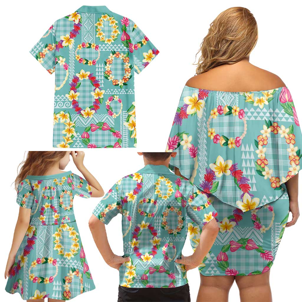 Hawaiian Leis Family Matching Off Shoulder Short Dress and Hawaiian Shirt Kakau Tattoos and Palaka Pastel Teal Color LT03 - Polynesian Pride