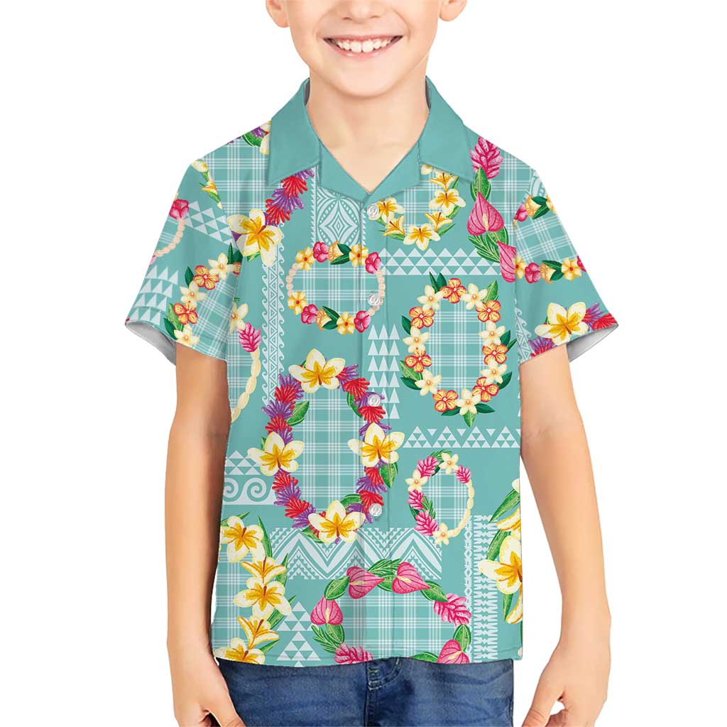 Hawaiian Leis Family Matching Off Shoulder Short Dress and Hawaiian Shirt Kakau Tattoos and Palaka Pastel Teal Color LT03 Son's Shirt Teal - Polynesian Pride