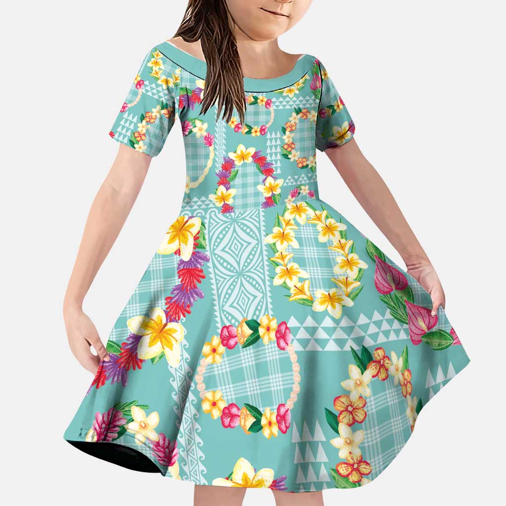 Hawaiian Leis Family Matching Puletasi and Hawaiian Shirt Kakau Tattoos and Palaka Pastel Teal Color LT03 Daughter's Dress Teal - Polynesian Pride