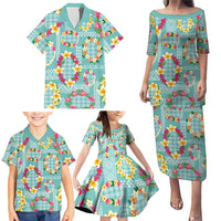 Hawaiian Leis Family Matching Puletasi and Hawaiian Shirt Kakau Tattoos and Palaka Pastel Teal Color LT03 - Polynesian Pride