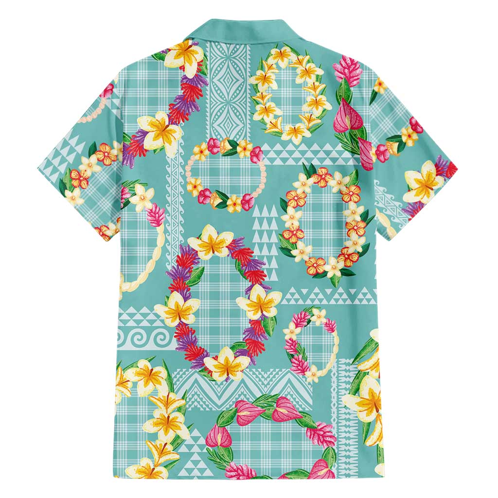 Hawaiian Leis Family Matching Short Sleeve Bodycon Dress and Hawaiian Shirt Kakau Tattoos and Palaka Pastel Teal Color LT03 - Polynesian Pride