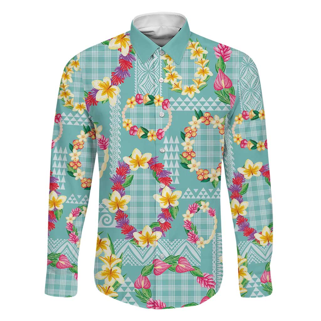 Hawaiian Leis Family Matching Short Sleeve Bodycon Dress and Hawaiian Shirt Kakau Tattoos and Palaka Pastel Teal Color LT03 Dad's Shirt - Long Sleeve Teal - Polynesian Pride