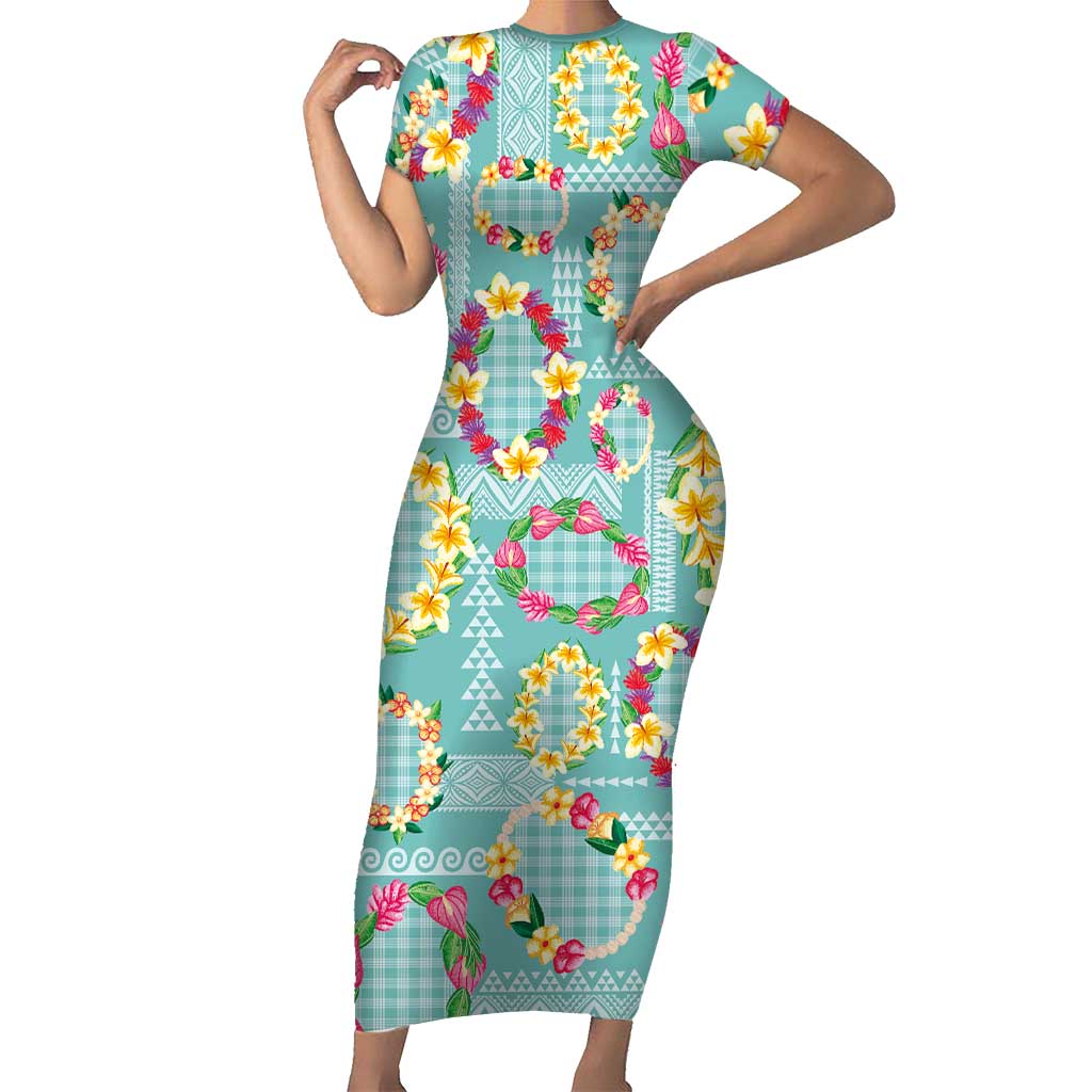 Hawaiian Leis Family Matching Short Sleeve Bodycon Dress and Hawaiian Shirt Kakau Tattoos and Palaka Pastel Teal Color LT03 Mom's Dress Teal - Polynesian Pride