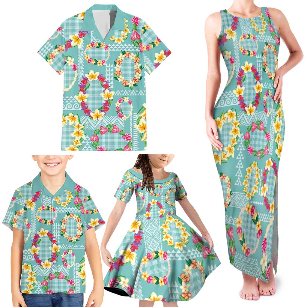 Hawaiian Leis Family Matching Tank Maxi Dress and Hawaiian Shirt Kakau Tattoos and Palaka Pastel Teal Color LT03 - Polynesian Pride