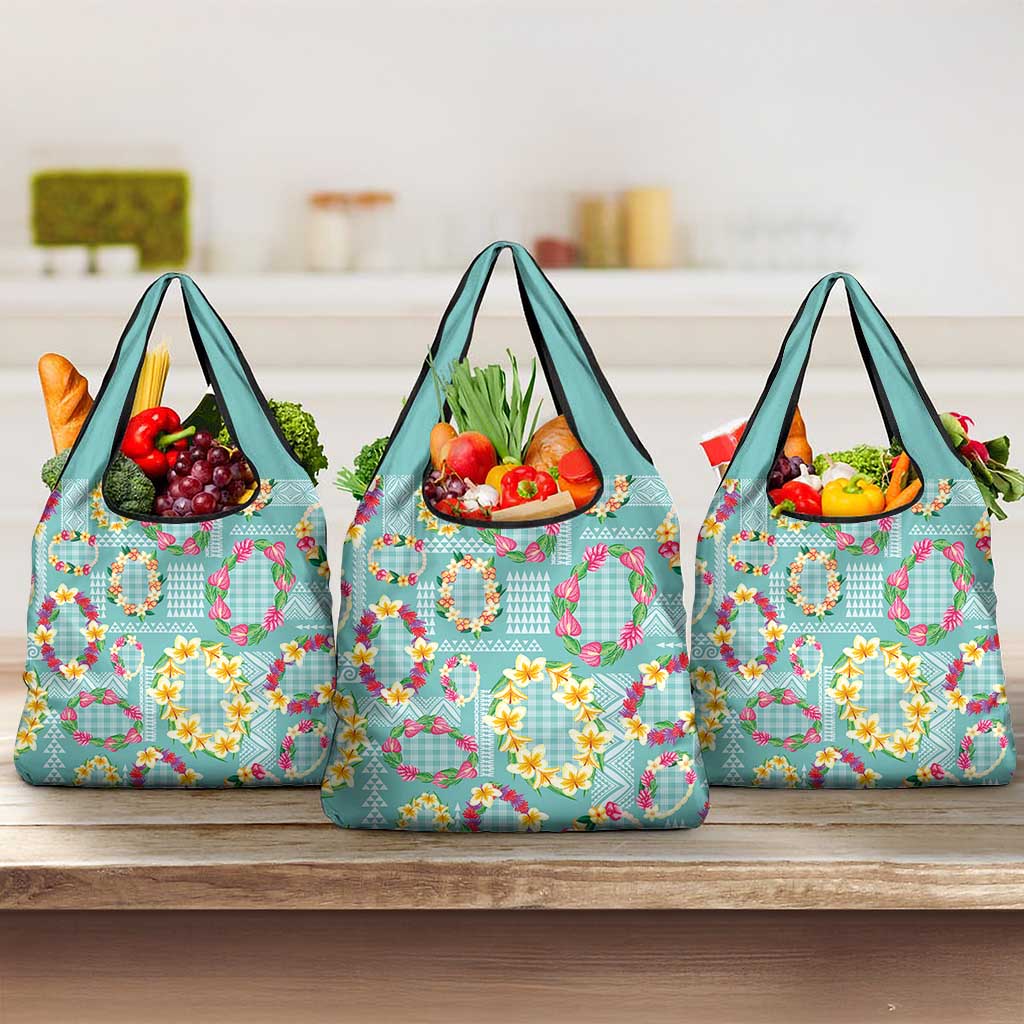 Hawaiian Leis Grocery Bag Kakau Tattoos and Palaka Pastel Teal Color LT03 3-pack One Size Teal - Polynesian Pride