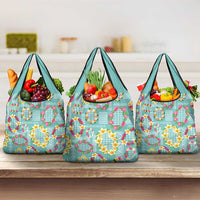 Hawaiian Leis Grocery Bag Kakau Tattoos and Palaka Pastel Teal Color LT03 3-pack One Size Teal - Polynesian Pride