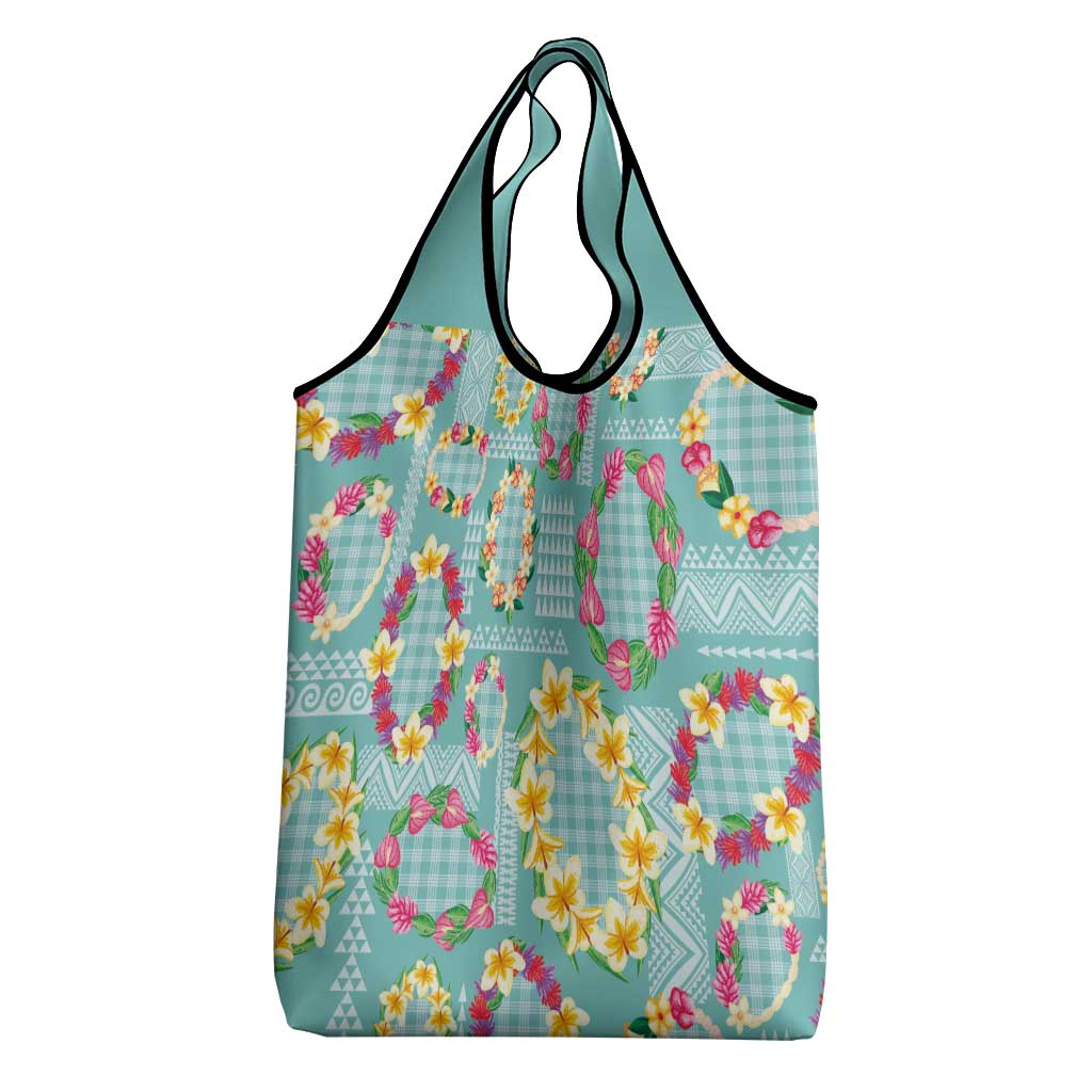 Hawaiian Leis Grocery Bag Kakau Tattoos and Palaka Pastel Teal Color LT03 - Polynesian Pride