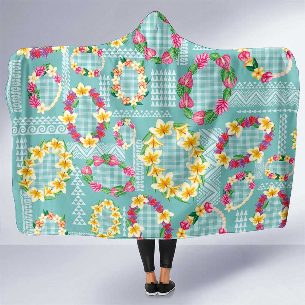 Hawaiian Leis Hooded Blanket Kakau Tattoos and Palaka Pastel Teal Color