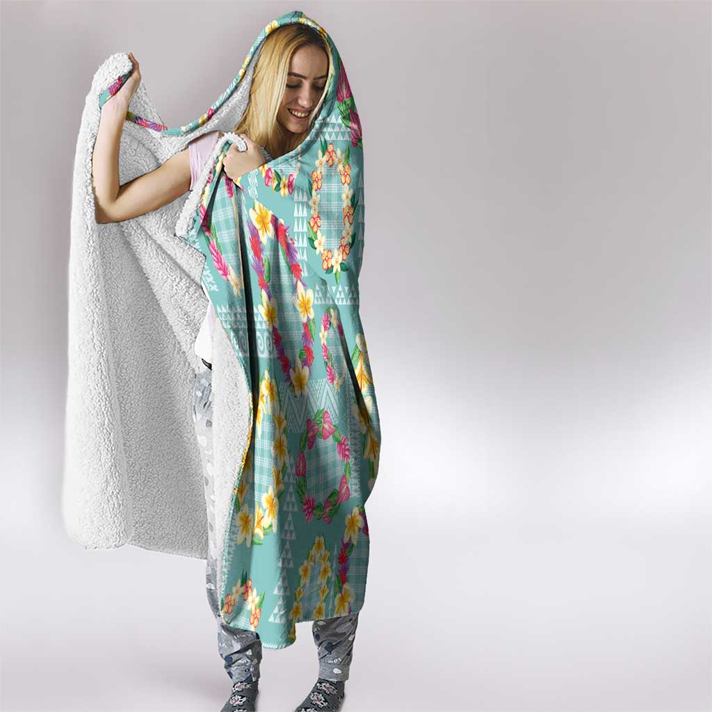 Hawaiian Leis Hooded Blanket Kakau Tattoos and Palaka Pastel Teal Color