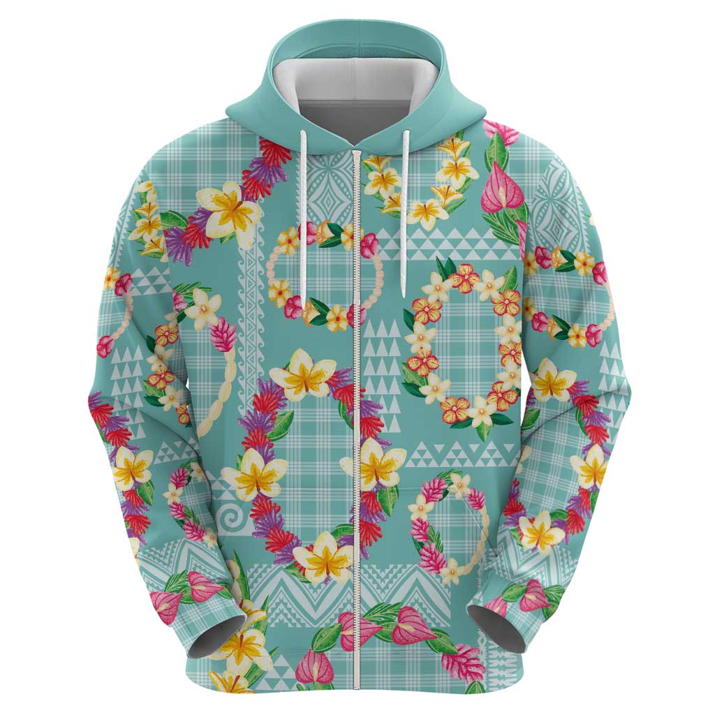 Hawaiian Leis Hoodie Kakau Tattoos and Palaka Pastel Teal Color