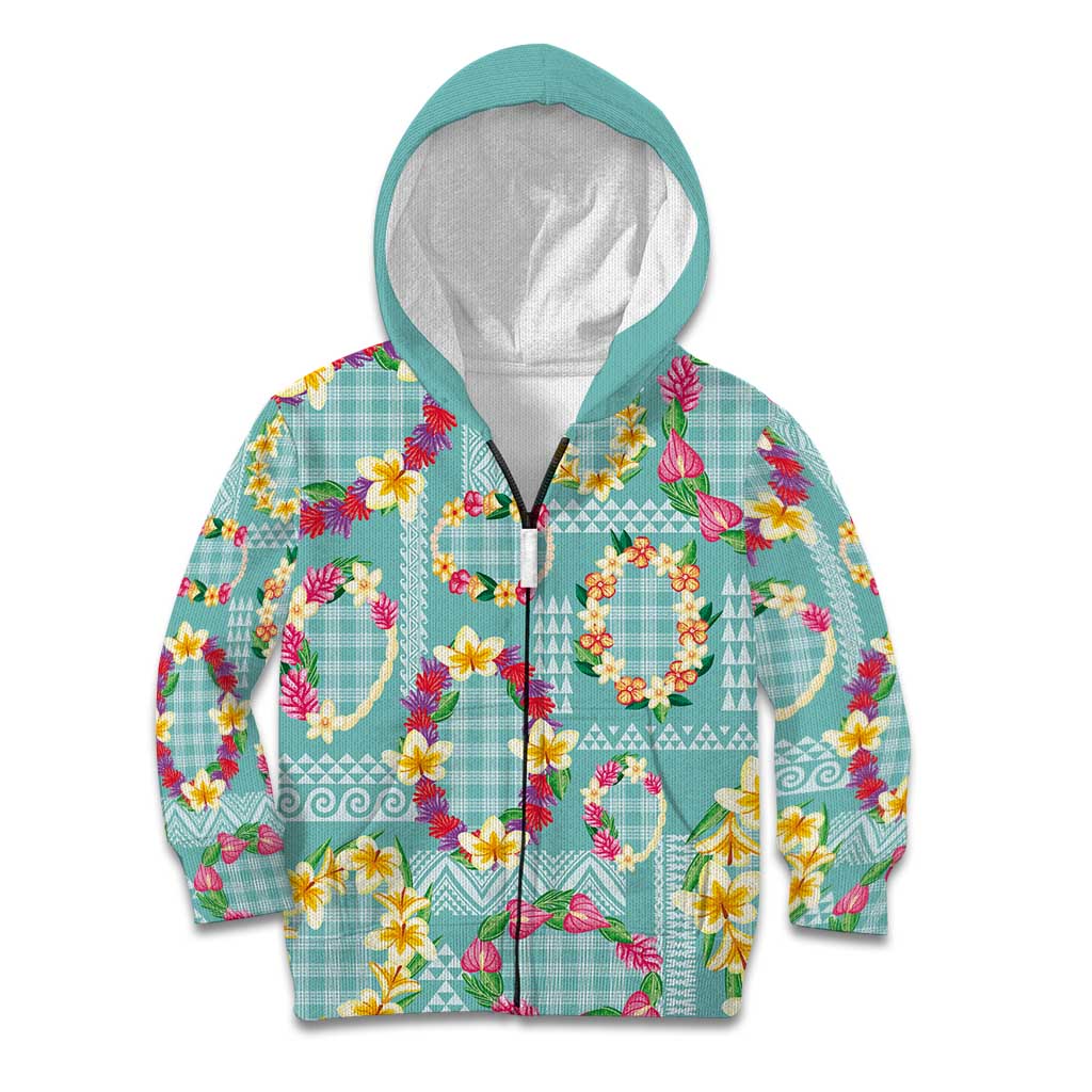 Hawaiian Leis Kid Hoodie Kakau Tattoos and Palaka Pastel Teal Color