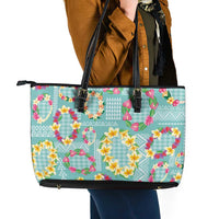 Hawaiian Leis Leather Tote Bag Kakau Tattoos and Palaka Pastel Teal Color
