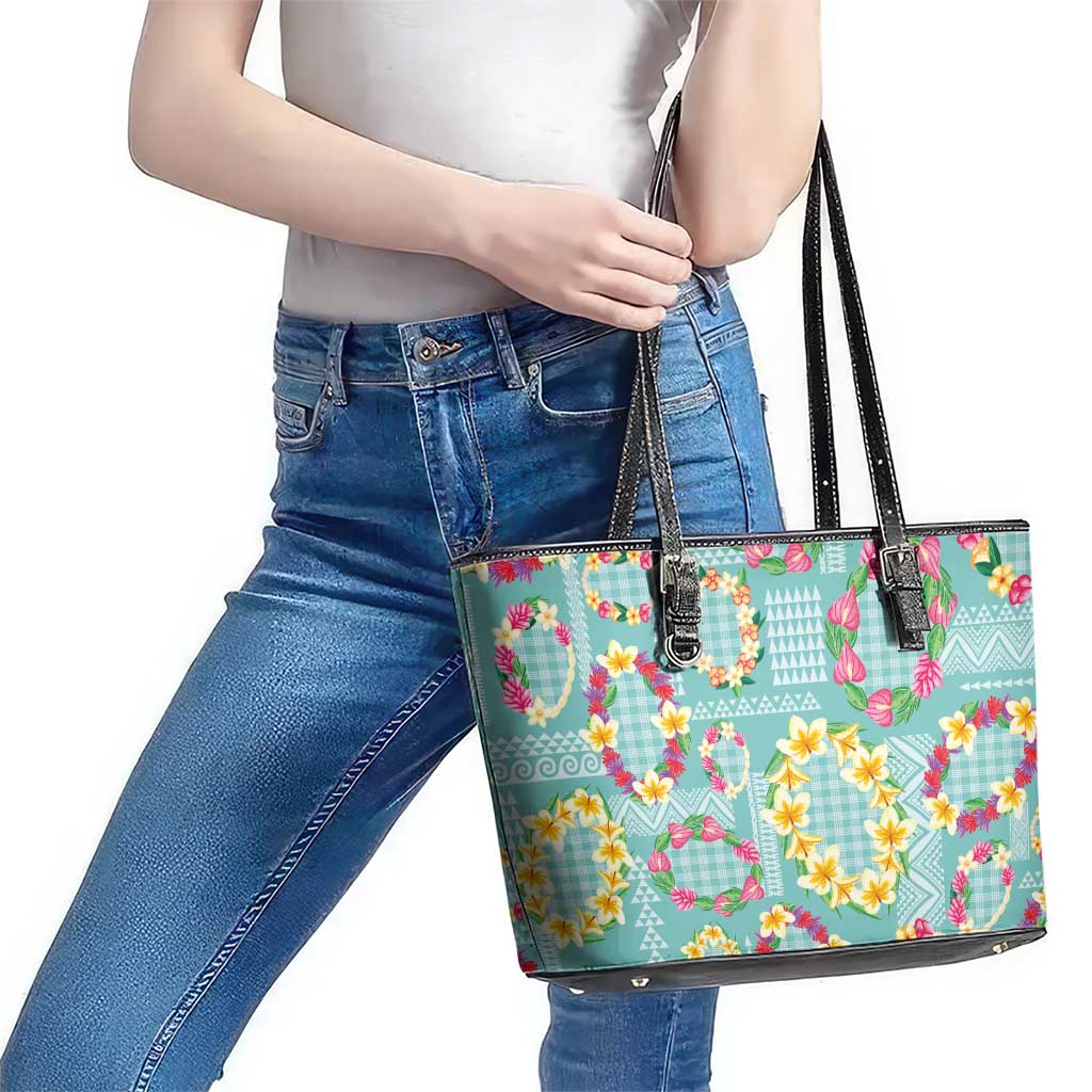 Hawaiian Leis Leather Tote Bag Kakau Tattoos and Palaka Pastel Teal Color