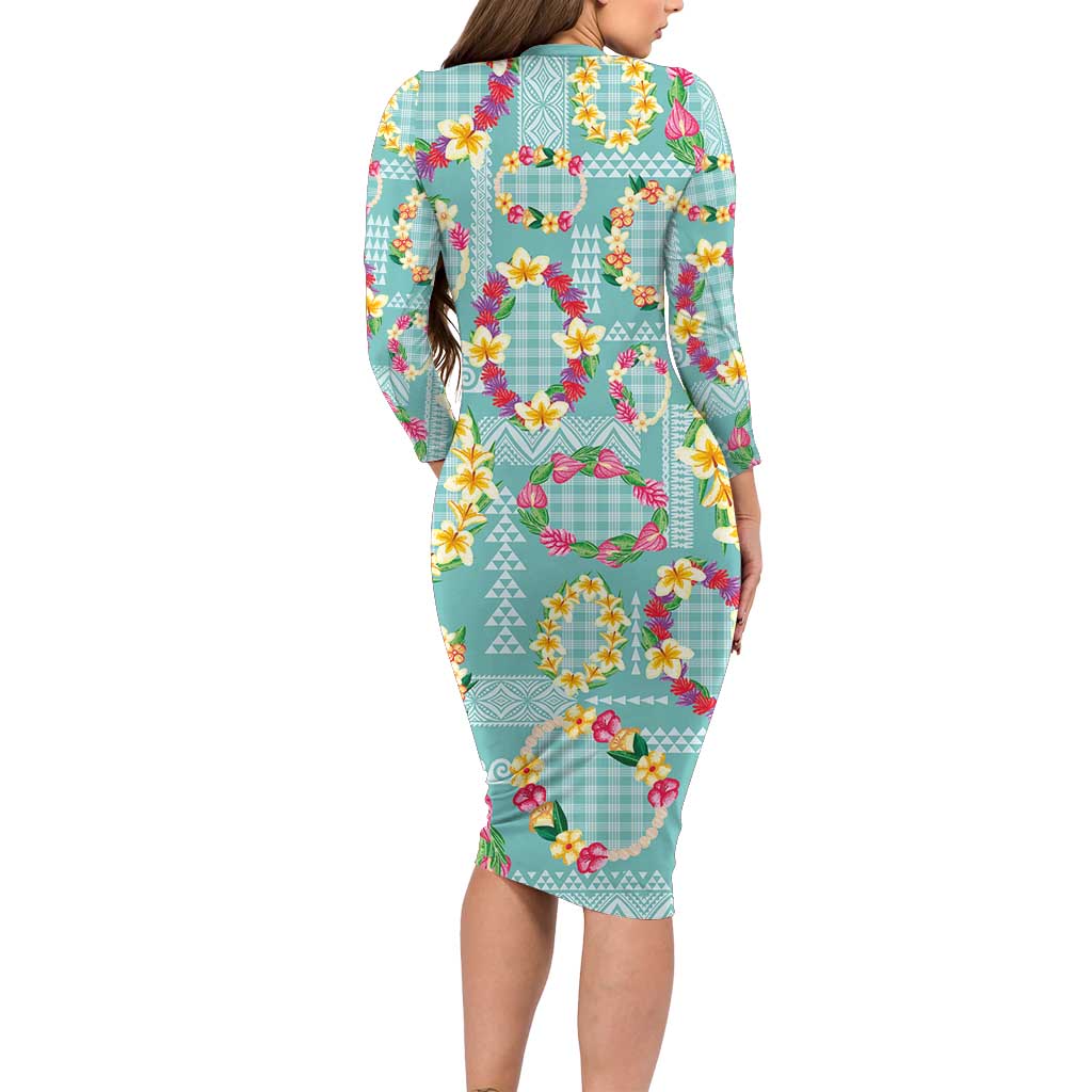 Hawaiian Leis Long Sleeve Bodycon Dress Kakau Tattoos and Palaka Pastel Teal Color LT03 - Polynesian Pride