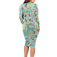 Hawaiian Leis Long Sleeve Bodycon Dress Kakau Tattoos and Palaka Pastel Teal Color LT03 - Polynesian Pride