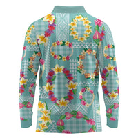 Hawaiian Leis Long Sleeve Polo Shirt Kakau Tattoos and Palaka Pastel Teal Color LT03 - Polynesian Pride